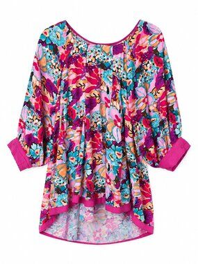 Umgee Floral Boho Tunic Blouse Rayon High Low Balloon Sleeve XL
